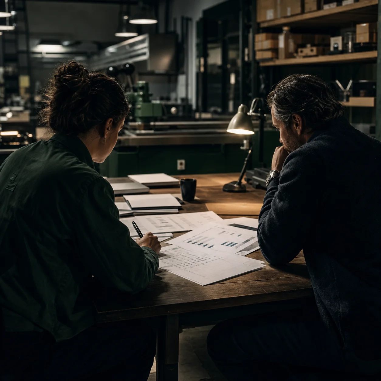 Small-business co-owners reviewing continuity plans in their workshop