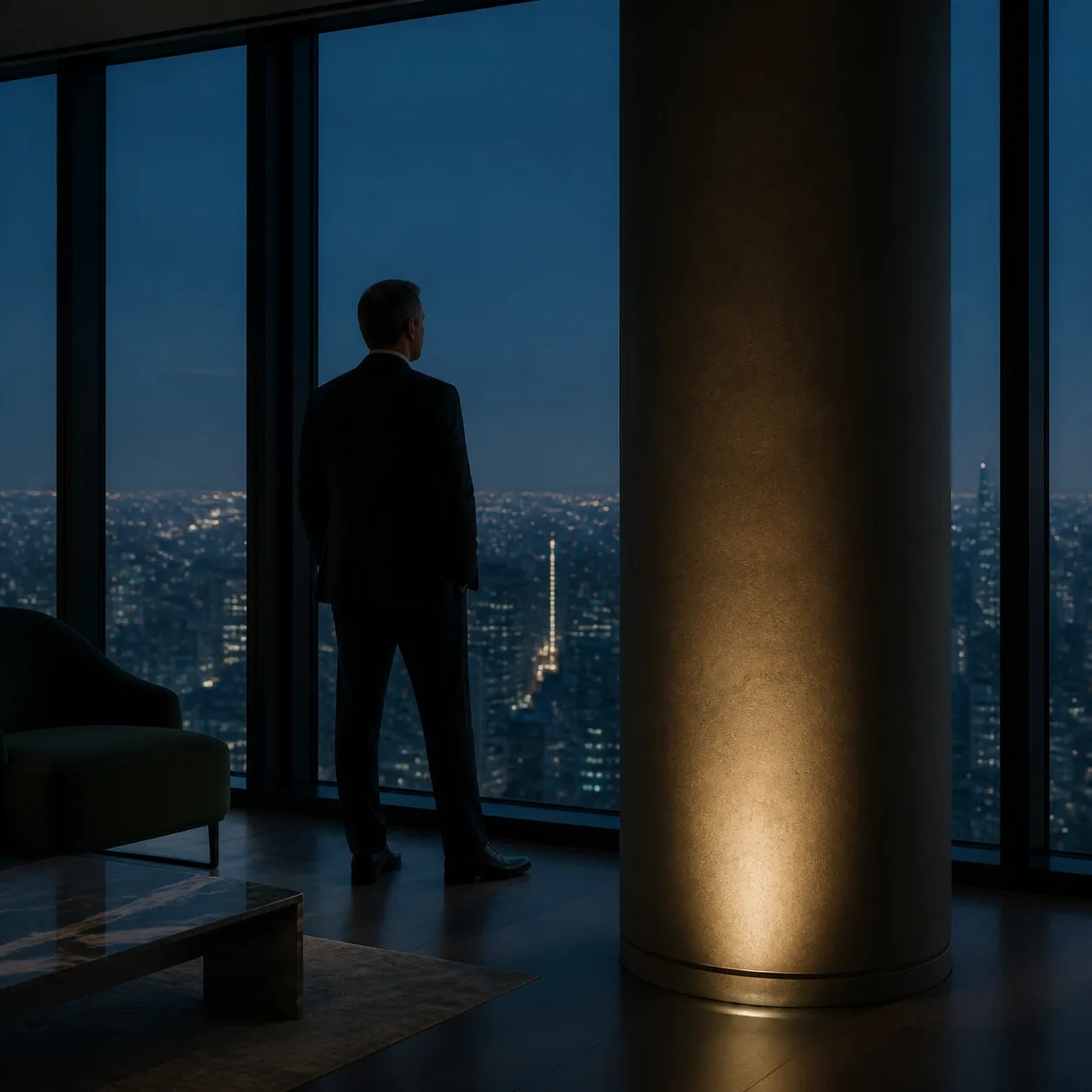 Executive overlooking an evening city from a quiet office