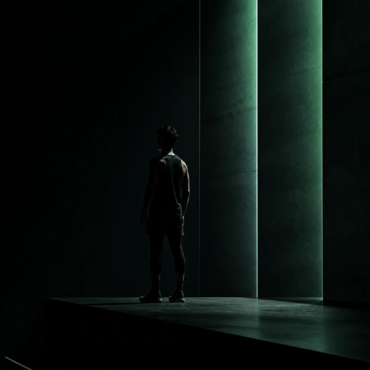 Athlete standing within a disciplined architectural field of light